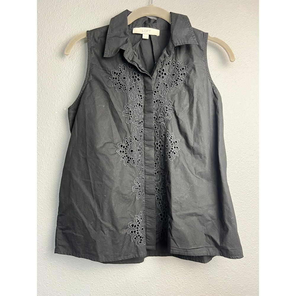 LOFT Black Casual‎ Sleeveless Button Down Eyelet Embroidered Cotton Top Small